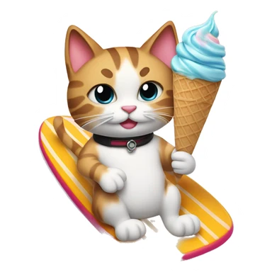A cat on surfboard with ice cream sticker