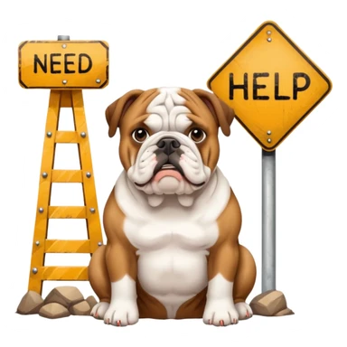 english bulldog sitting beside a 'need help' sign sticker