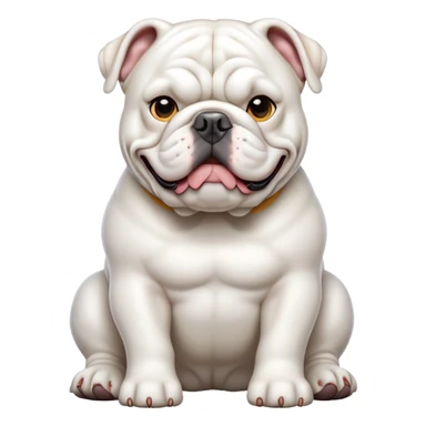 cinematic-[solid white english bulldog]-realistic-full-body-sitting-emoji,-tail-resting-loosely-beside-its-paws,-head-tilted-dramatically,-sleek-[solid white]-fur,-simplified-yet-realistic-focused-features,-highly-detailed,-glowing-with-an-almost-sarcastic-glow sticker