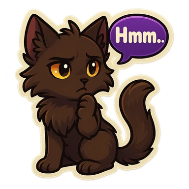 a dark-brown fluffy cute kawaii anthropomorphic furry anime cat-furry with tufted ears, golden eyes, and a long thin tufted tail, thinking, frowning thoughtfully, saying “Hmm..” with a purple speech bubble, (cartoon style) (cute anime style) (furry style) (deviantArt style) (artist style: Kamirah) sticker