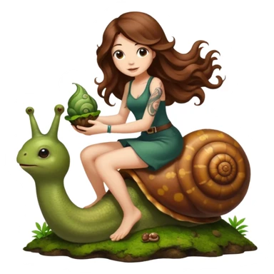 cute woman long wavy brown hair tattoos riding moss snail sticker
