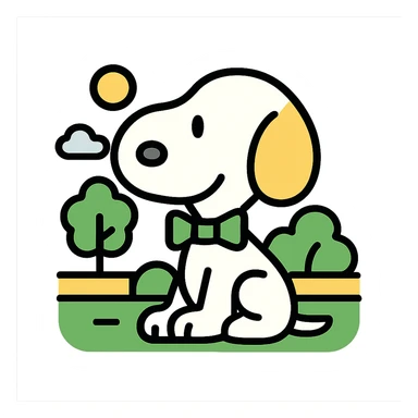 Snoopy, outlined and colorful, with a green bowtie, with a park background sticker