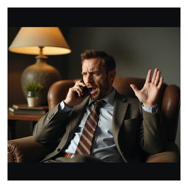 Hyperrealistic 4K image of a man complaining on the phone, theatrical expression, exaggerated gestures, sitting on an armchair, domestic atmosphere, highly detailed. sticker