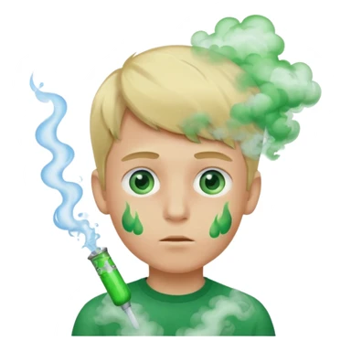 boy with green smoke due to the unpleasant smell on his body, blond and blue eyes. sticker