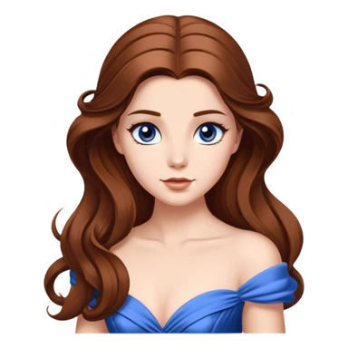 Cinematic Elegant Belle Portrait Emoji, rendered in a realistic, vector-style with minimal shading and bold, simplified shapes. Depict Belle (chest and above) with fair, luminous skin, deep brown expressive eyes, and long, flowing chestnut hair styled elegantly, wearing her classic blue ball gown. The image glows with a soft, warm radiance and high shine, capturing timeless refined beauty. sticker