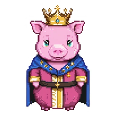 Pink pig character with gold crown and royal robe, Technoblade sticker