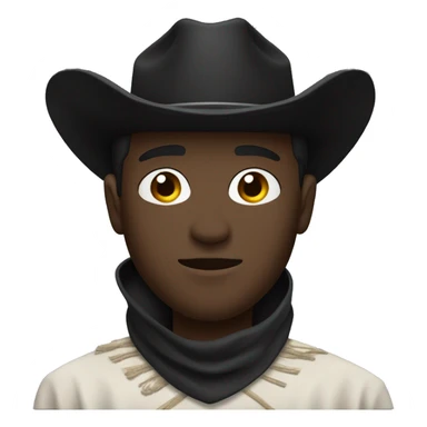 a black guy with fair skin, wearing a black cowboy hat and a black bandana covering the lower part of his face. A dark brown poncho is visible. Angle: upper body, accent on the face sticker