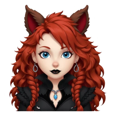  long curly red hair (darker), red pointed ears with black trim, black goth outfits, body and face human, blue eyes, more pointy chin, black lipstick, big fluffy red squirrel tail with black tips, like the attached photo with more outfits and poses,  sticker