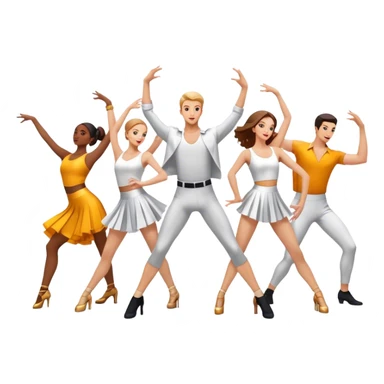 Icon for Contemporary Dance: a synchronized guys and girls group performance on stage with backup dancers in bright, modern outfits and dynamic lighting. The icon should capture the energy and coordination of a dance routine, with a focus on movement and stage presence. Transparent background. sticker