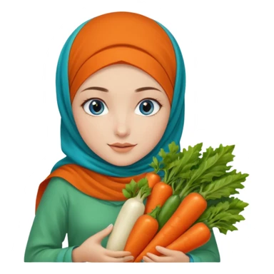 Turkish beautiful finish Konya girl blue eyes with garden design orange green hijabi dress and she had on her hand vegetables  sticker