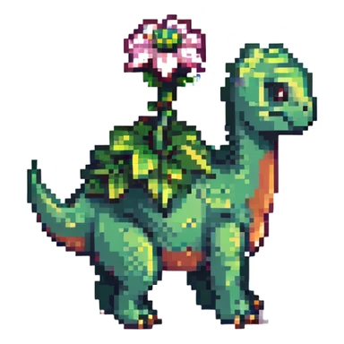 green plant-type dinosaur with a flower bud on its back, Pokémon pixel art style sticker