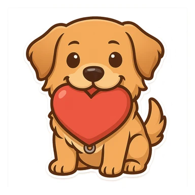 Replace the realistic heart in the dog's mouth with a large, bright red cartoon-style heart. Keep the style playful and the background transparent. sticker