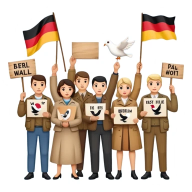 people holding protest signs with the Berlin Wall in the background, peace dove, East and West Germany flags, 1950s and 60s sticker