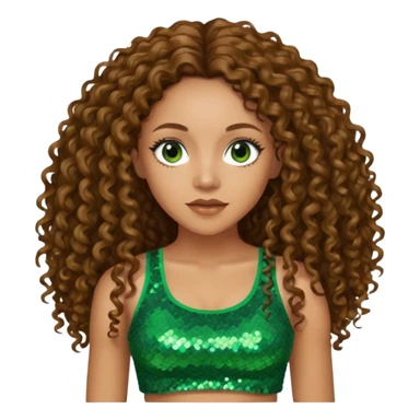 Melanie Brown with long brown curly hair, green sequin crop top, brown eye sticker