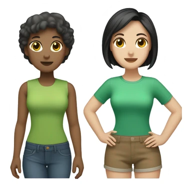 Two lesbians One has shorts boyish black hair with brown hair and the other has a light brown bob cut with green hair sticker