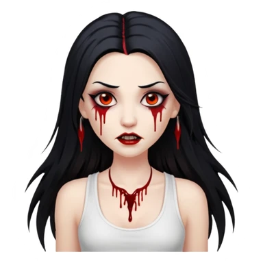 White woman with a white tank top long black hair glossy middle part long hair vamp look with fangs or blood dripping brown eyes eyeliner winged with lashes top and bottom sticker