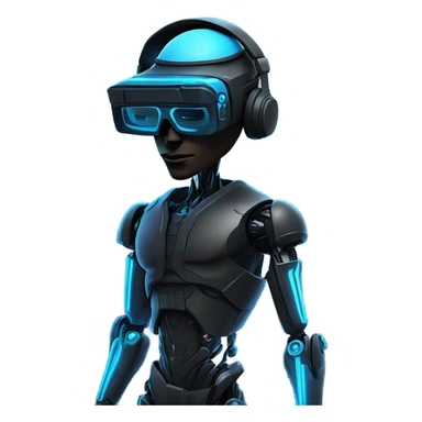 netrunner, cyberpunk hacker with mechanical glasses, black robot body, black vr headset, eyes covered, blue neon sticker