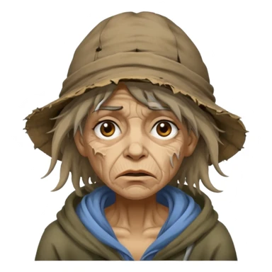 very dirty looking homeless woman with ripped hat and face with ugly hair sticker