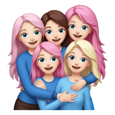 four adult white women laughing and hugging.  Two have long dark brown hair.  One has long pale pink hair and blue eyes. one has with blue eyes and light blonde hair. sticker
