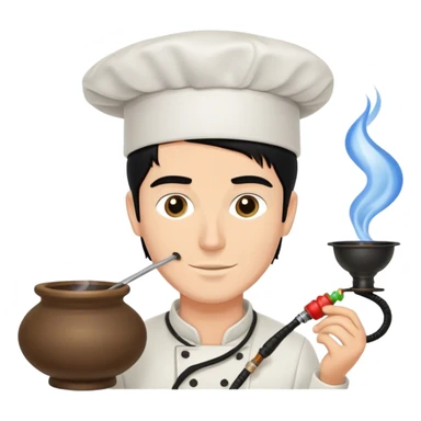 A white guy with black hair packing a hookah bowl with a chef hats  sticker