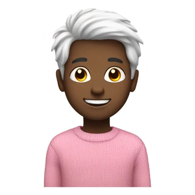 smiling boy in pink sweater with white hair that has black in middle sticker