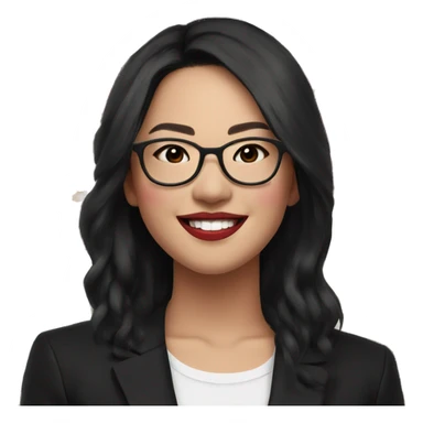 Asian girl, smiling with teeth, fair skin, black long hair, black eyes, black glasses with gold frames, red lipstick, wearing a white lace tank top and a black office jacket on top, with pink and red roses around her sticker