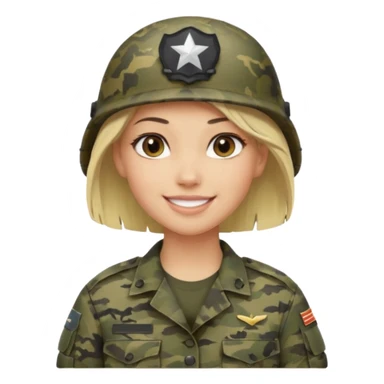 Apple-style emoji: female soldier, bust, no cap/helmet, friendly smile, generic camo top, blonde  black color hair sticker