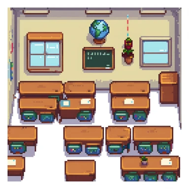 classroom scene with many students and a teacher in pixel art style sticker
