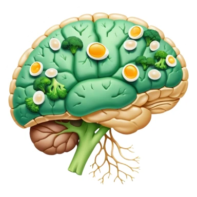 Glowing brain and liver connected by a pearlescent capsule, surrounded by choline-rich foods: eggs, liver, fish, and broccoli. Golden waves showing neural connections flow from the brain, with all elements having an ethereal glow representing cognitive benefits. sticker