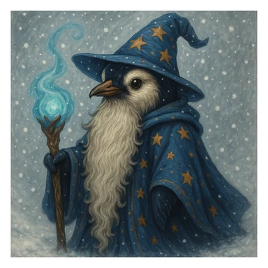Add a snowy background behind the fantasy penguin wizard, keeping the detailed illustration style. sticker