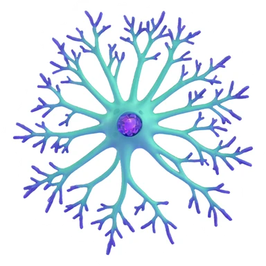 3D style neuron with blue soma, purple dendrites, green axon with myelin, encircled by luminous shield-like barrier, detailed scientific realistic rendering sticker