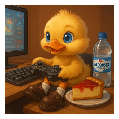 a small duck with blue eyes, wearing white socks and Dr. Martens Jorge slippers, playing games on a computer, drinking Baldovská mineral water, and eating cheesecake, detailed, vibrant, cute sticker