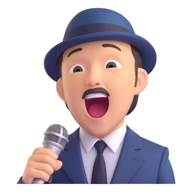 Ruben Blades emoji, singing into a microphone, expressive face, classic suit sticker