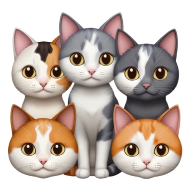 5 different coloured short haired cats including; a dark brown and white cat, and a dark grey and white, and a calico sticker