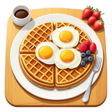 Brunch spread with waffles, eggs, and fruit on a table sticker