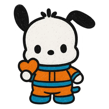 Make Pochacco white with black ears, wearing an orange and blue space suit, keep plushy Popmart doll style, cute and playful, no background. The style should reflect a plushy Popmart doll look, cute and playful. sticker