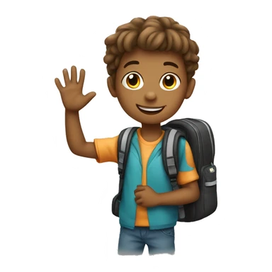 boy waving bye wearing school bag sticker