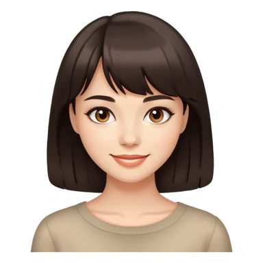 Attractive young woman with dark brown bangs and subtle makeup, confident smile sticker