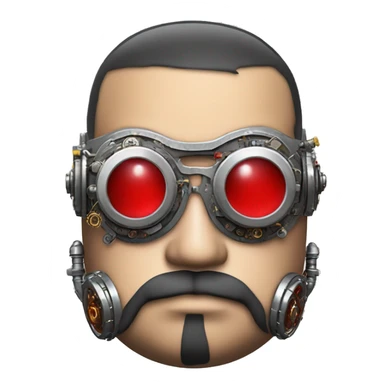 Fat cyborg head with red silver steampunk goggles, black beard and circuits sticker