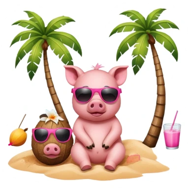 pig at beach with coconut tree sticker