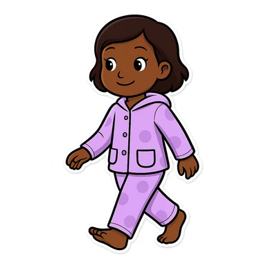 Create an image of a girl walking in pajamas with brown skin in the style of sticker, with no background. The style is sticker but fallback to general for editing as sticker style does not support editing. sticker