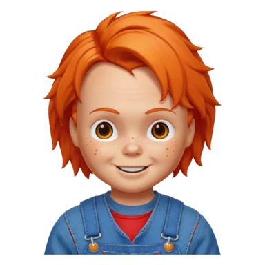 Chucky doll emoji smiling with freckles, orange hair, blue overalls, apple style emoji sticker