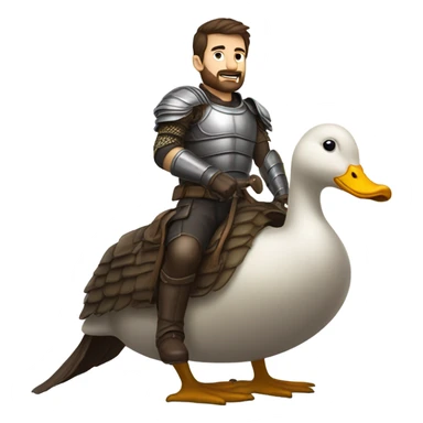 Confident armored White Man with dark brown hair and a short beard riding on the back of a giant armored duck sticker