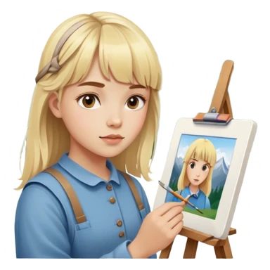 young painter with blond hair and bangs girl  draws copy from life in the mountains sticker