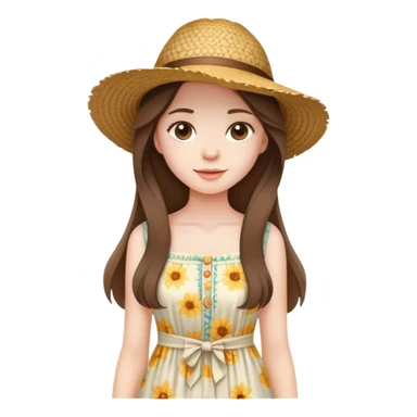 beautiful pale brunette girl with long hair in a summer dress and straw hat sticker