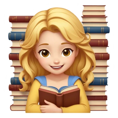 Cinematic Adorable Belle Portrait Emoji, Giggling as she hugs a stack of books, eyes twinkling with excitement, golden hair tousled slightly, a perfect mix of beauty and endearing nerdiness! sticker