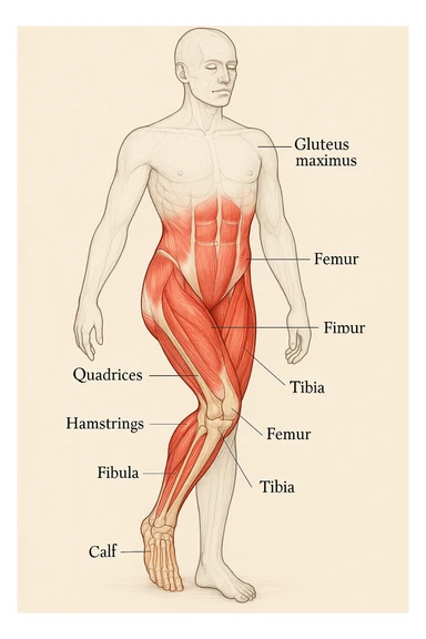 Create an educational anatomical illustration highlighting the leg that supports the body weight. Emphasize the muscles and bones involved in weight bearing with clear anatomical detail. The highlighted leg should stand out distinctly from the rest of the body, using a clear educational style inspired by the reference photo. sticker