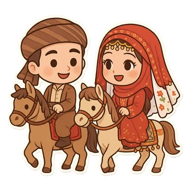 cartoon sticker of Kurdish bride and groom in traditional clothing, each separately riding a horse, both in the same frame and scene like an old Kurdish wedding ceremony, joyful and colorful, no text, suitable for WhatsApp and Instagram, transparent background sticker