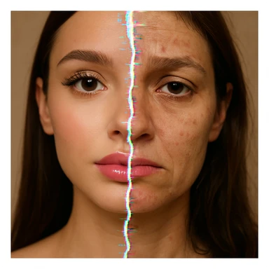 A split portrait: left side is an idealized, airbrushed influencer face with big eyes, smooth skin, and glossy lips; right side is a tired, natural face with visible imperfections and a sad expression. A digital glitch crack divides the two halves. sticker