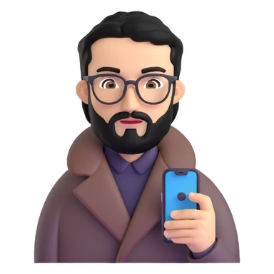 professional man with medium black beard, neat black hair, connected unibrow, olive tan skin, brown eyes, glasses, prominent nose, wearing a black coat, holding a smartphone sticker